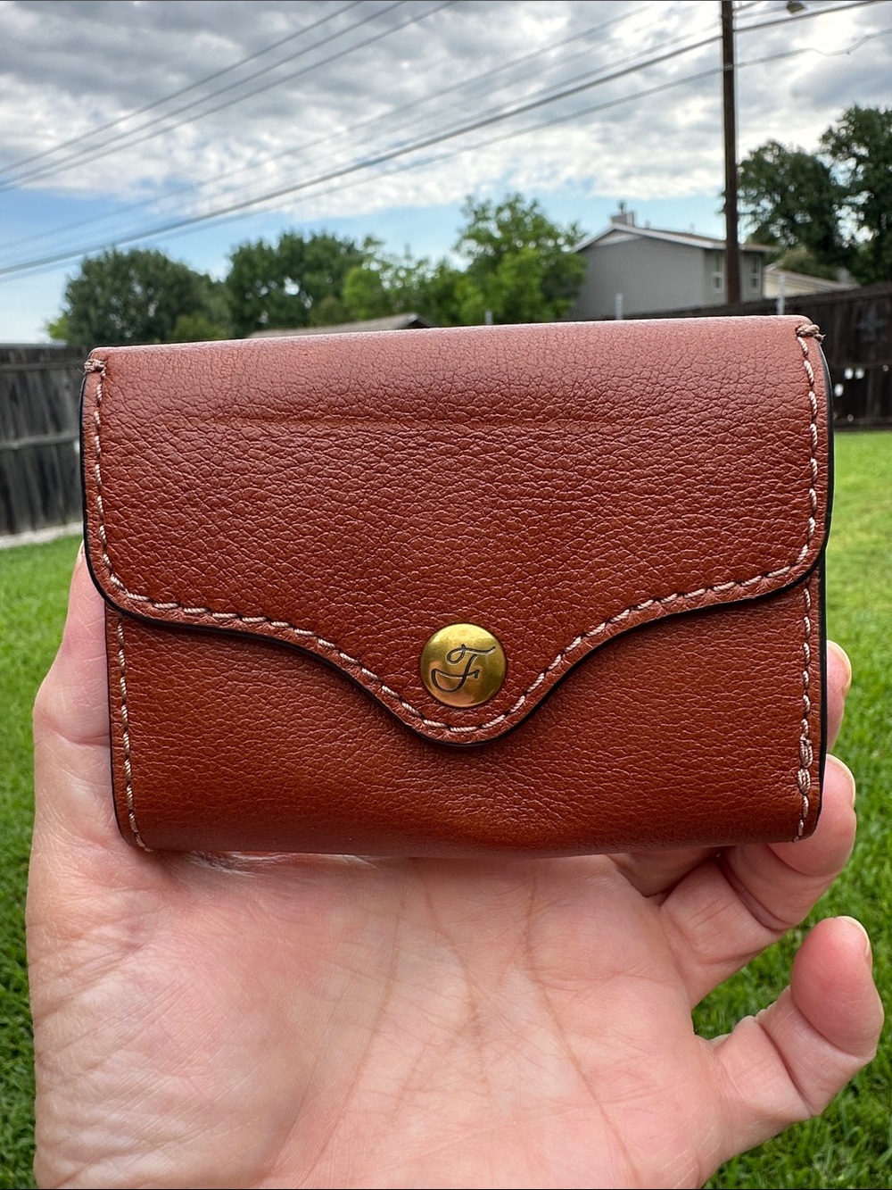 Fossil Brown Leather Trifold Wallet with Brass Snap Original NWT.